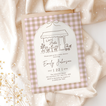 Café Bébé pink gingham coffee baby shower invitation template – preview 6