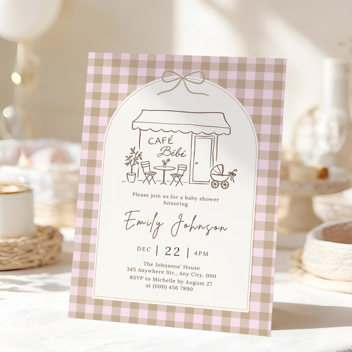 Café Bébé pink gingham coffee baby shower invitation template – preview 8