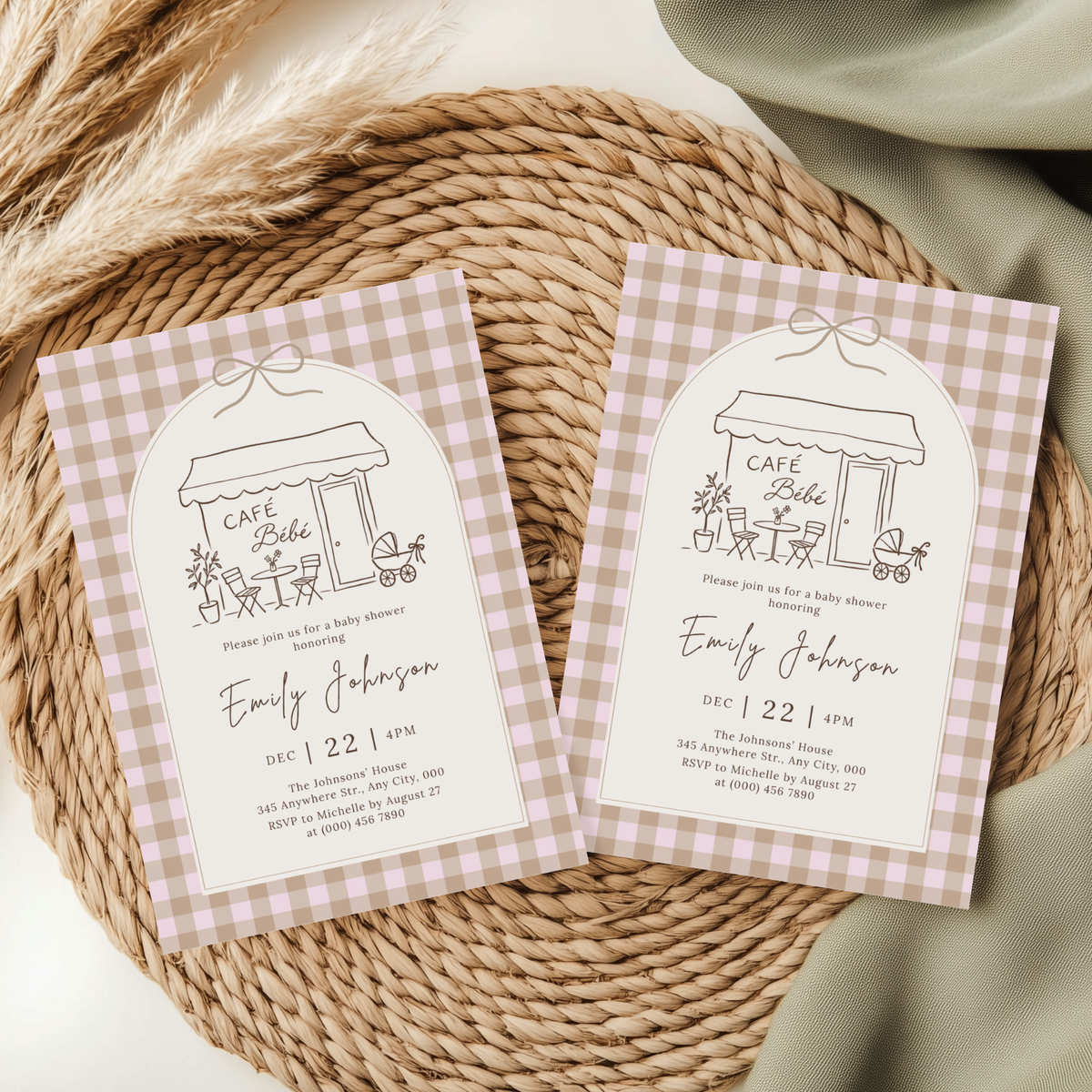 Café Bébé pink gingham coffee baby shower invitation template – preview 9
