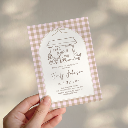 Café Bébé pink gingham coffee baby shower invitation template – preview 10