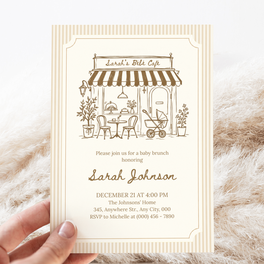 Café Bébé beige striped coffee baby shower invitation template