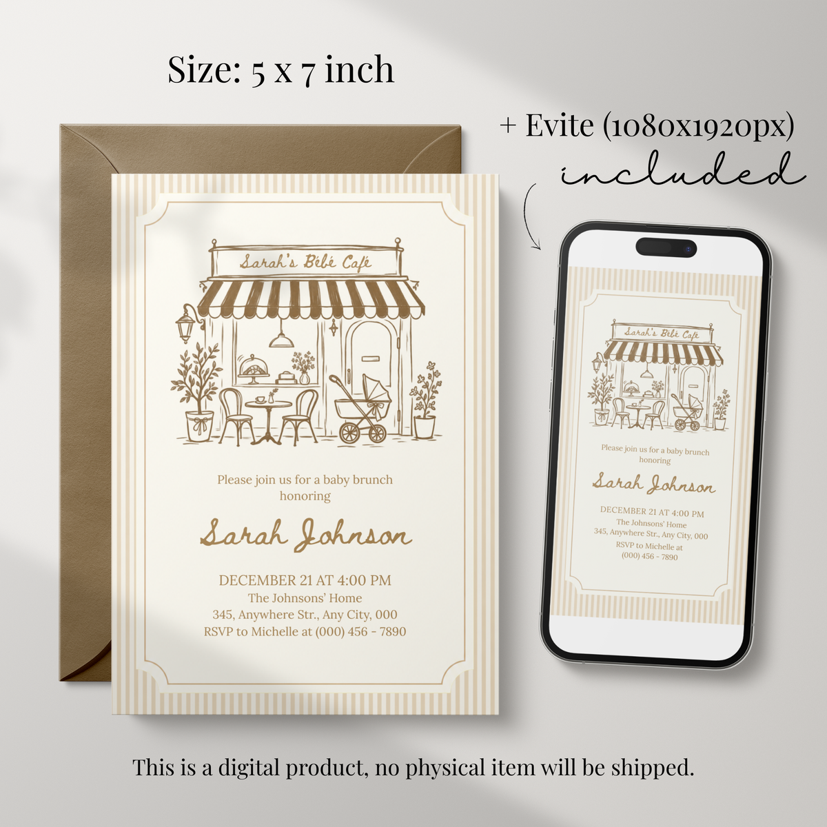 Café Bébé beige striped coffee baby shower invitation template – preview 2