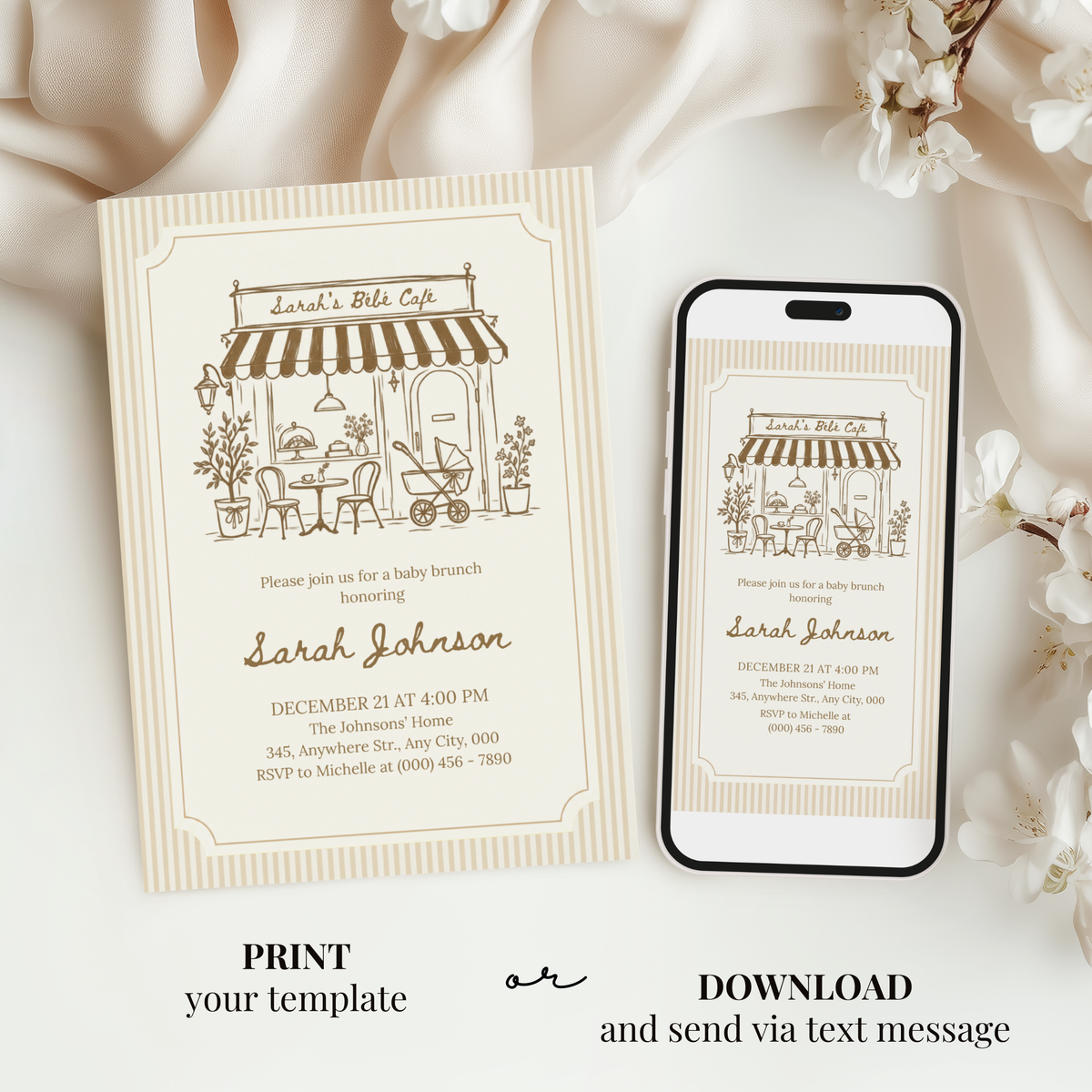 Café Bébé beige striped coffee baby shower invitation template – preview 5