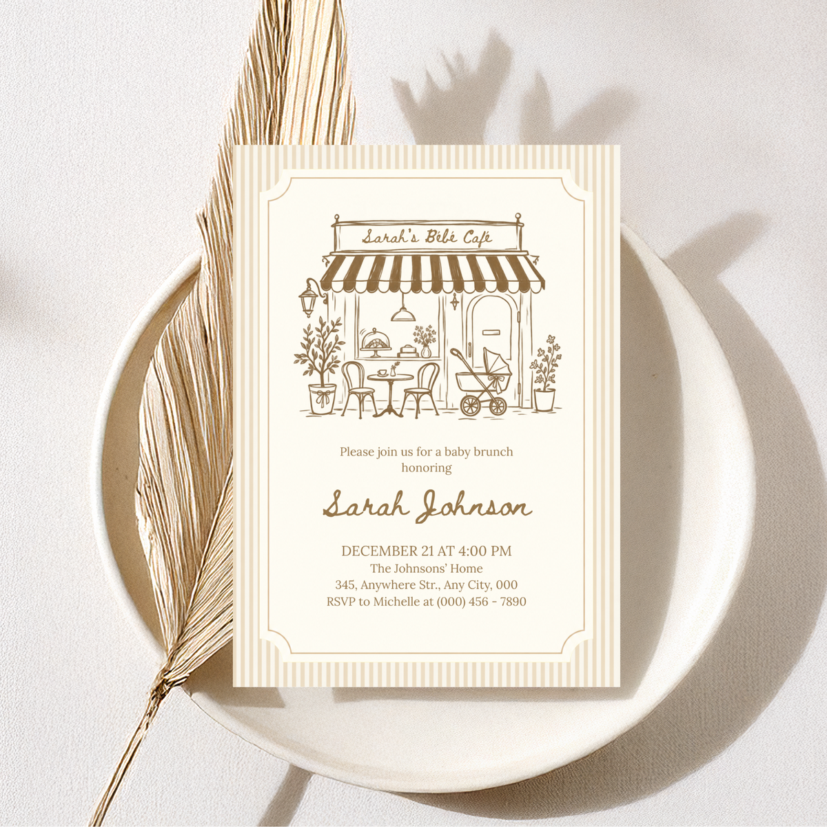 Café Bébé beige striped coffee baby shower invitation template – preview 6