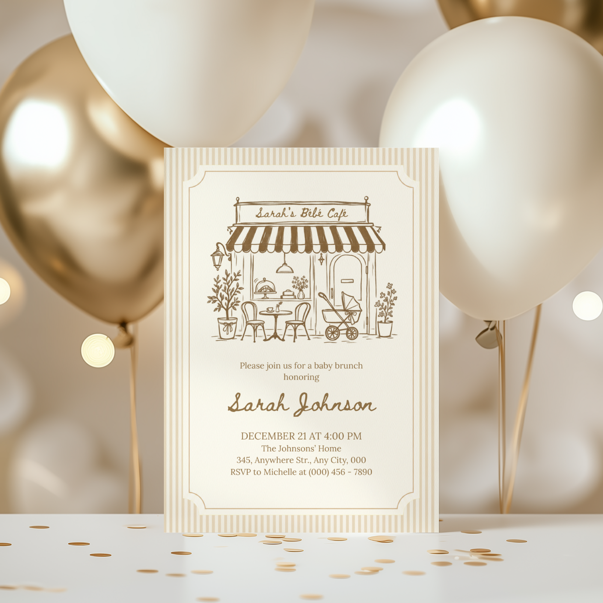 Café Bébé beige striped coffee baby shower invitation template – preview 8
