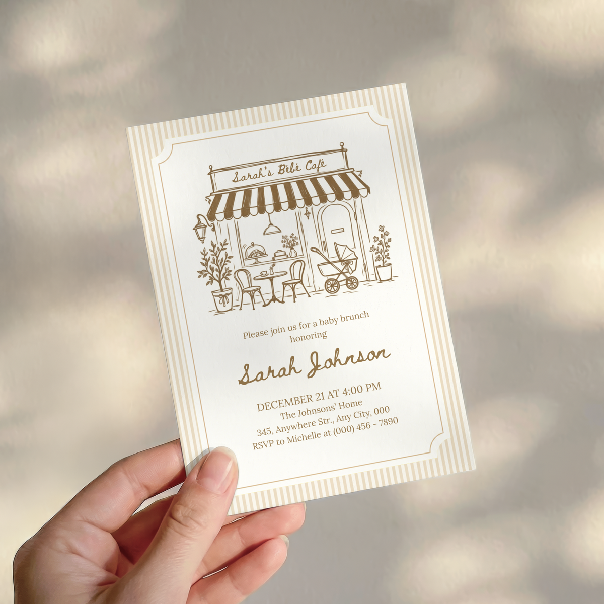 Café Bébé beige striped coffee baby shower invitation template – preview 10
