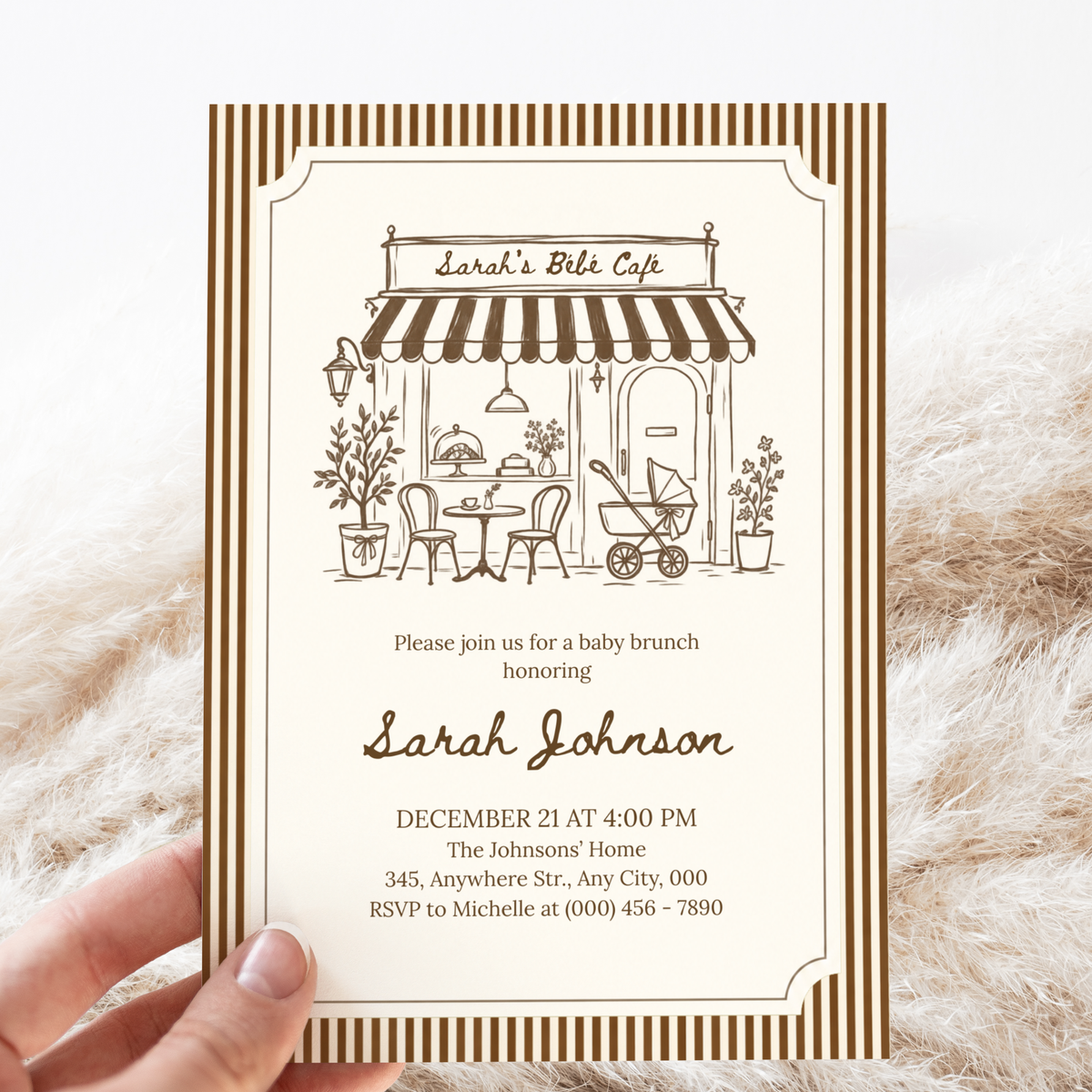 Café Bébé brown striped coffee baby shower invitation template