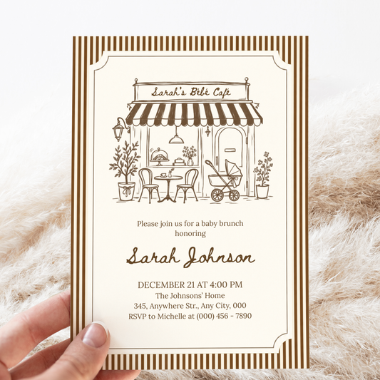 Café Bébé brown striped coffee baby shower invitation template