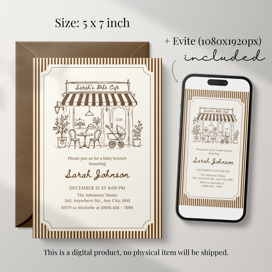 Café Bébé brown striped coffee baby shower invitation template – preview 2