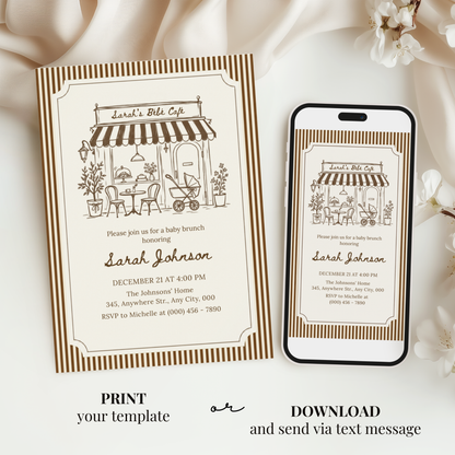Café Bébé brown striped coffee baby shower invitation template – preview 5