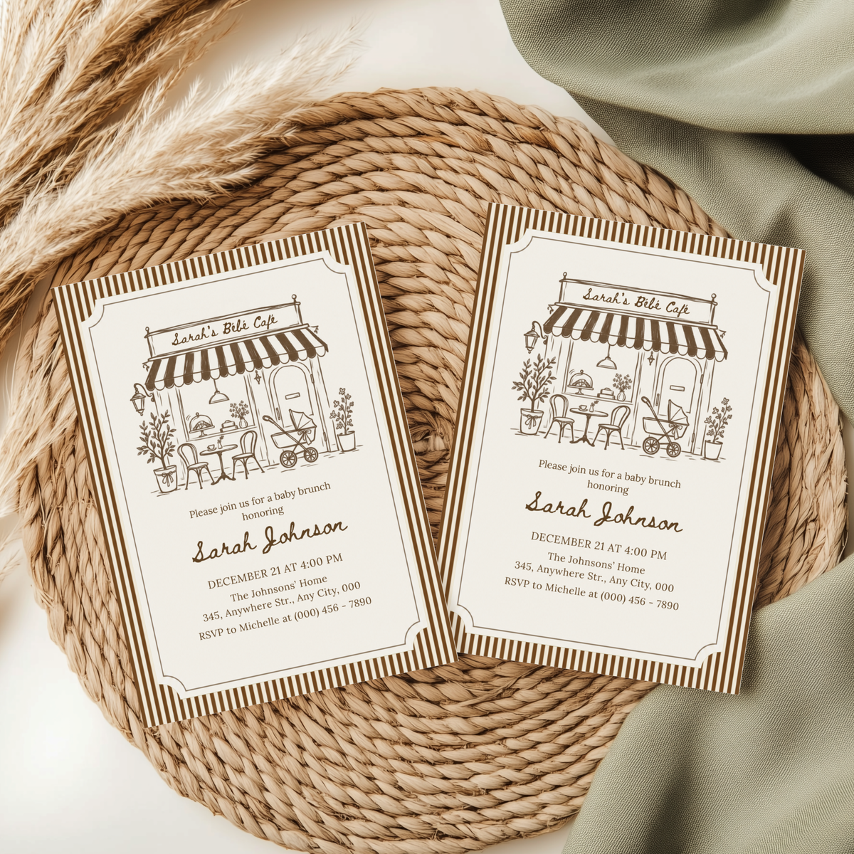 Café Bébé brown striped coffee baby shower invitation template – preview 9