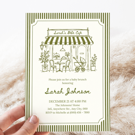 Café Bébé green striped coffee baby shower invitation template