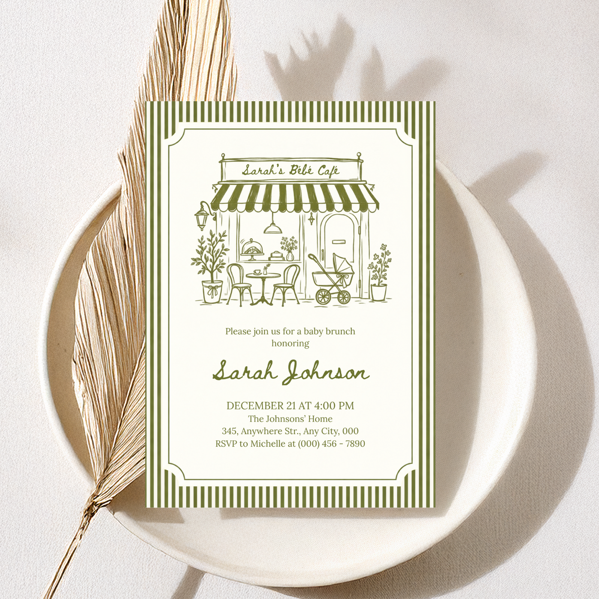 Café Bébé green striped coffee baby shower invitation template – preview 3