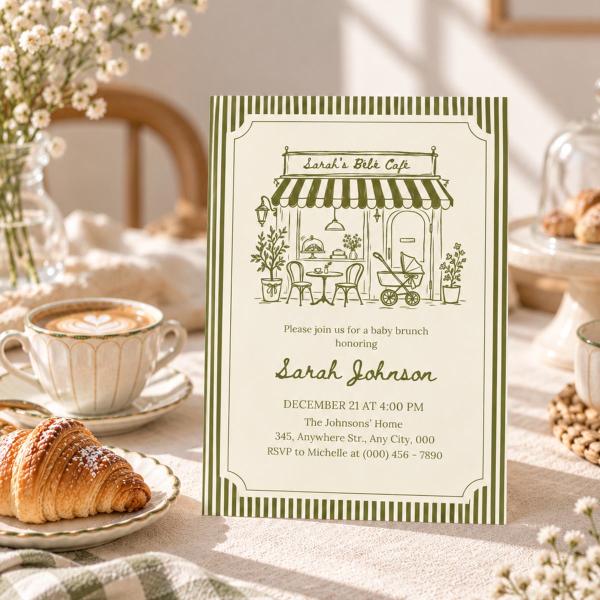 Café Bébé green striped coffee baby shower invitation template – preview 6