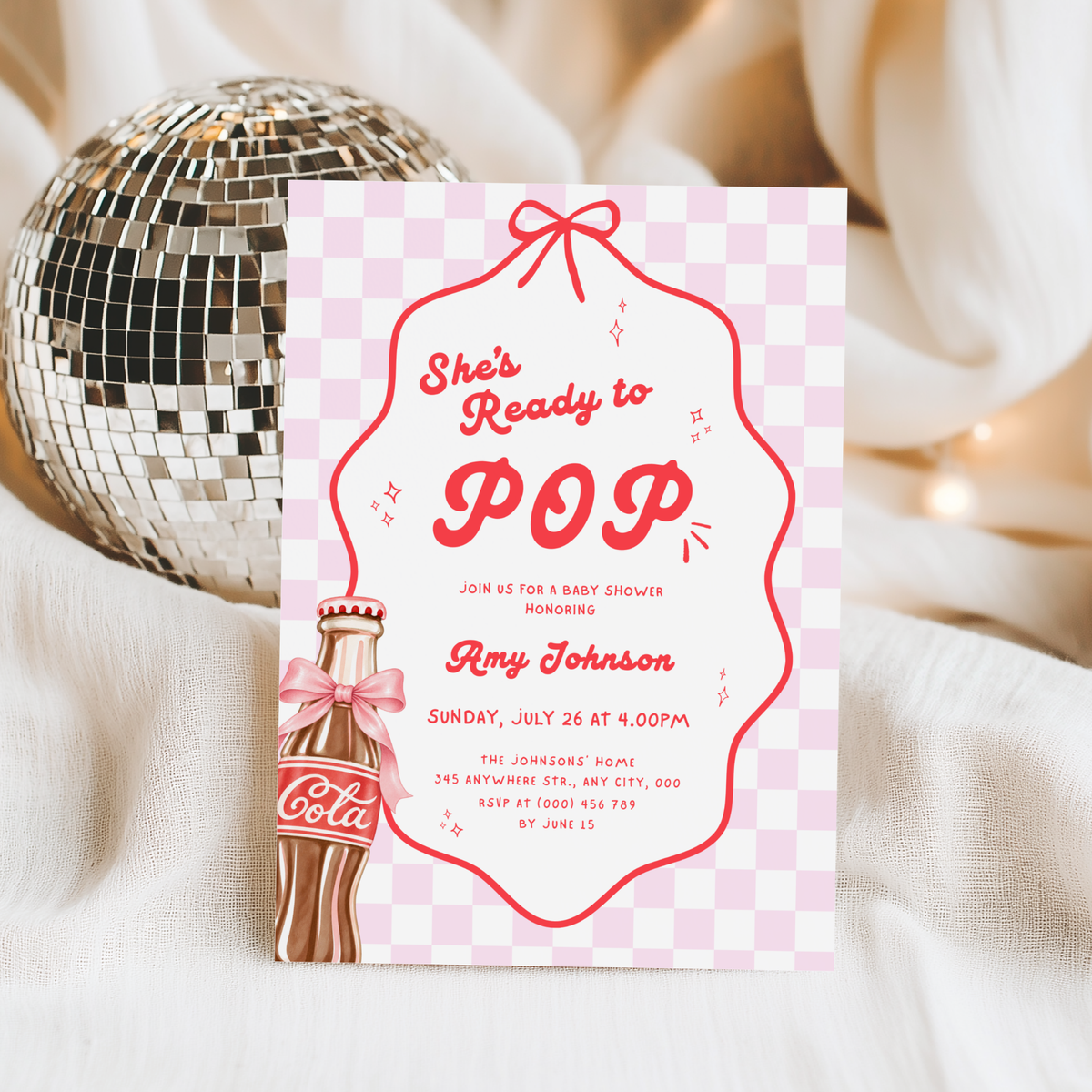 She's Ready to Pop pink baby shower invitation template – preview 3