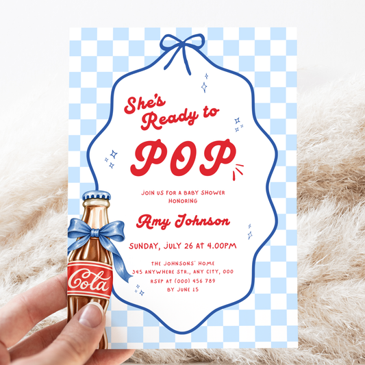 She's Ready to Pop blue baby shower invitation template