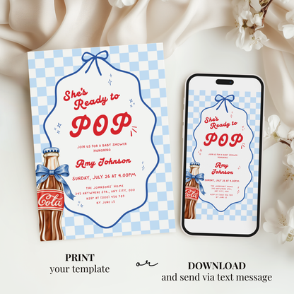 She's Ready to Pop blue baby shower invitation template – preview 5