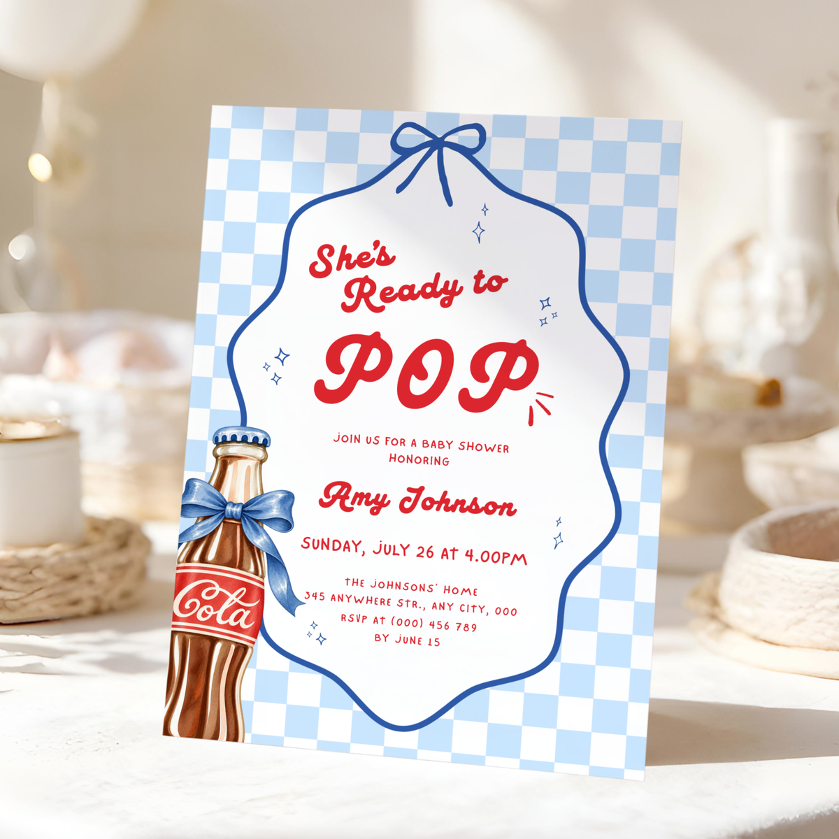 She's Ready to Pop blue baby shower invitation template – preview 8