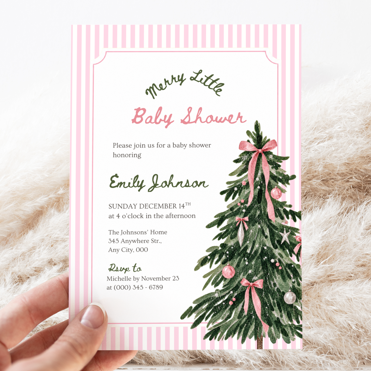 Merry Little Baby pink Christmas baby shower invitation template