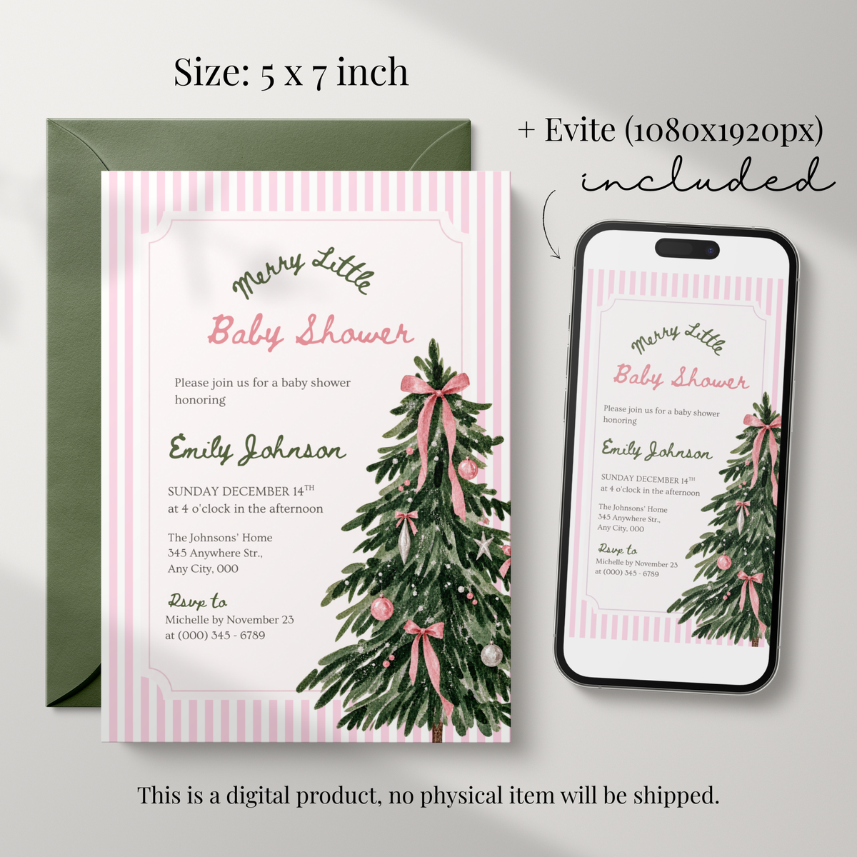 Merry Little Baby pink Christmas baby shower invitation template – preview 2
