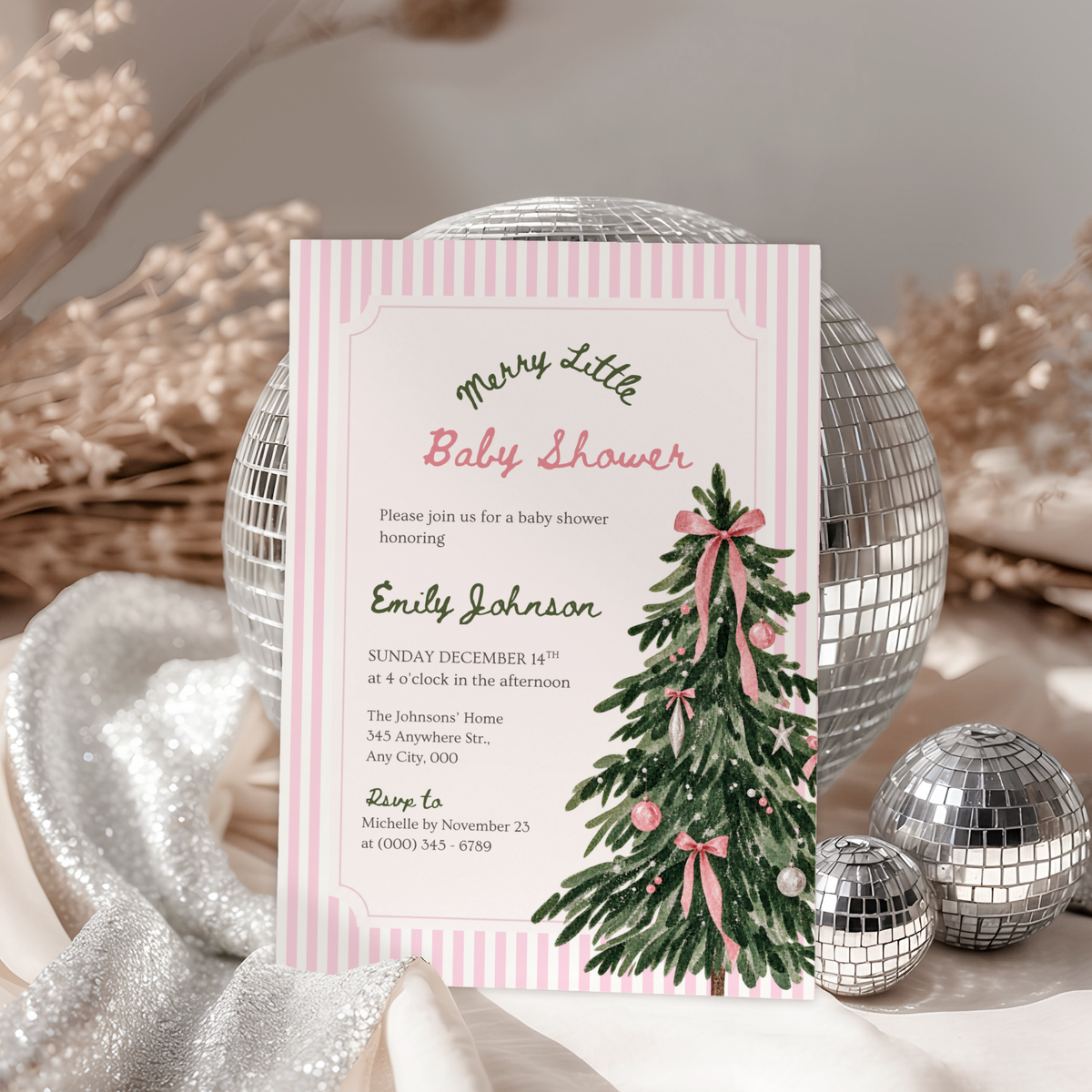 Merry Little Baby pink Christmas baby shower invitation template – preview 3