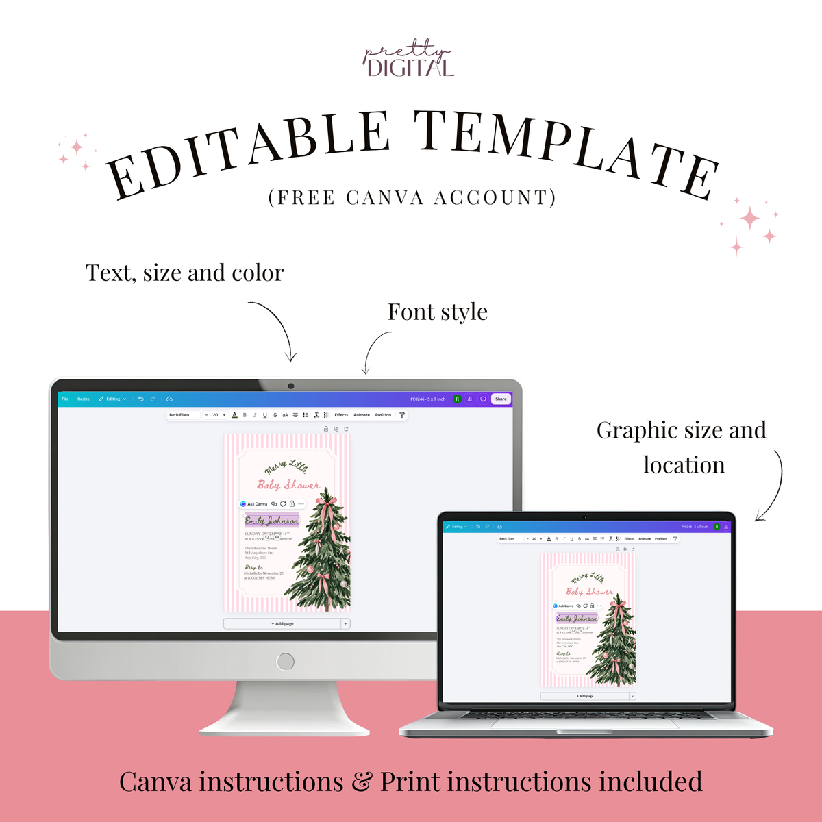 Merry Little Baby pink Christmas baby shower invitation template – preview 4