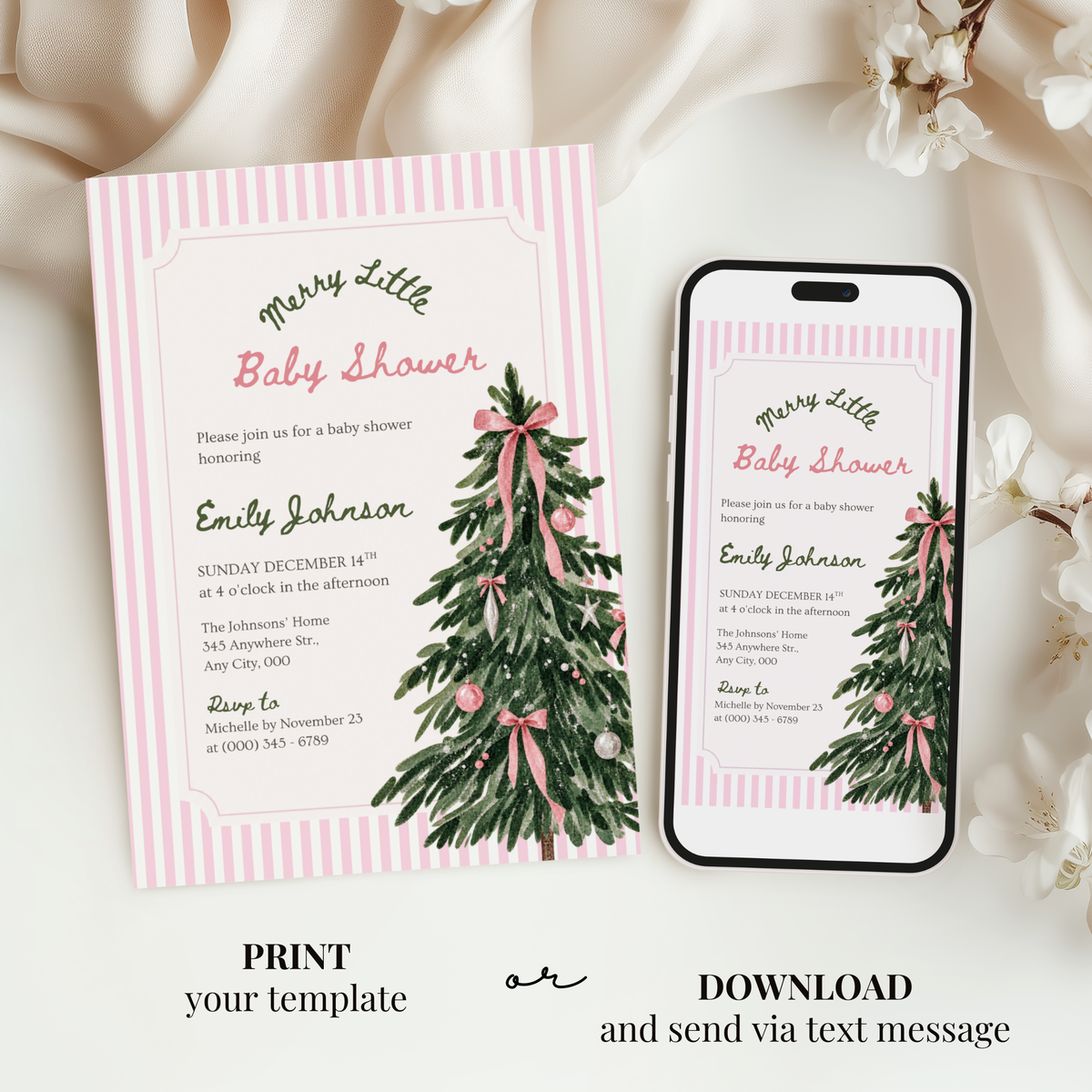 Merry Little Baby pink Christmas baby shower invitation template – preview 5