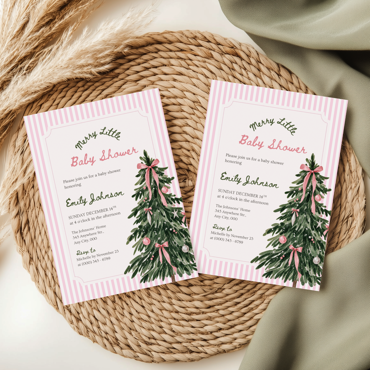 Merry Little Baby pink Christmas baby shower invitation template – preview 6