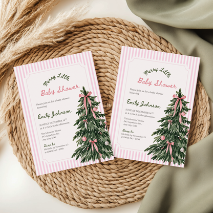 Merry Little Baby pink Christmas baby shower invitation template – preview 6