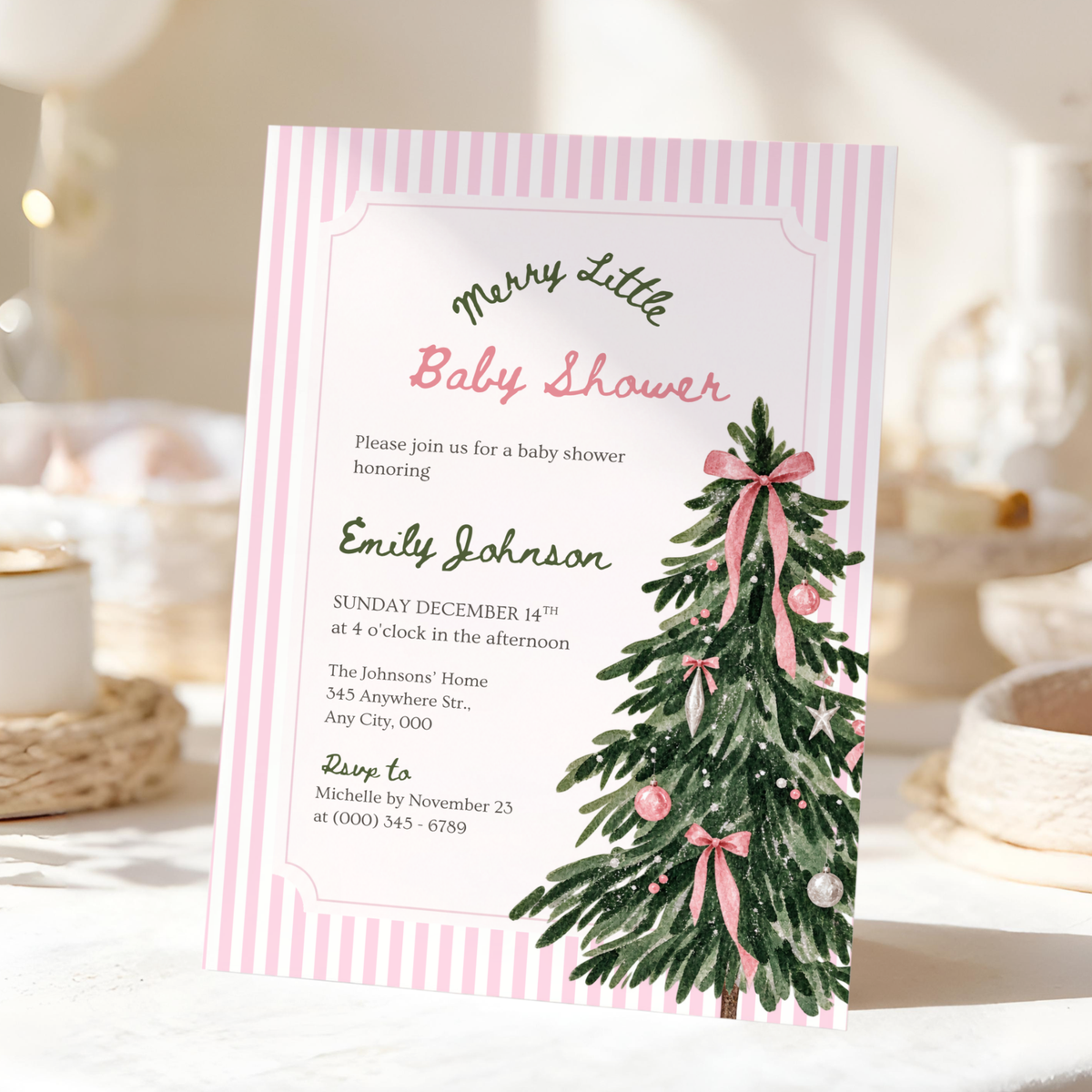 Merry Little Baby pink Christmas baby shower invitation template – preview 8