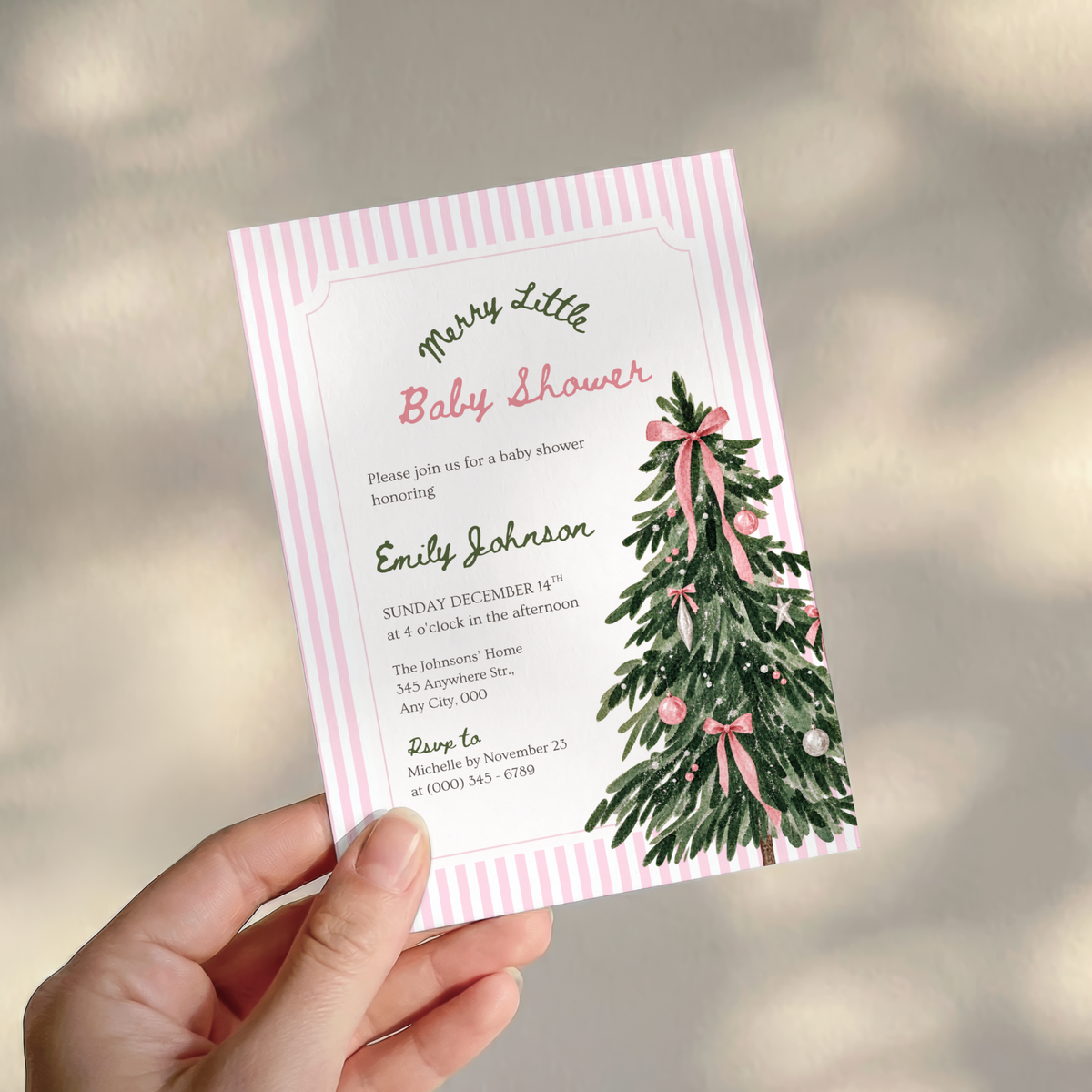 Merry Little Baby pink Christmas baby shower invitation template – preview 9