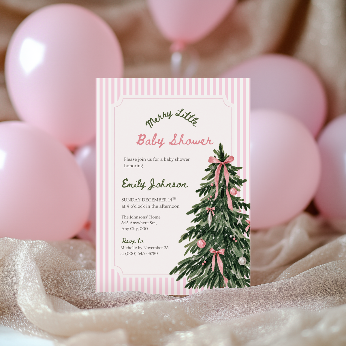 Merry Little Baby pink Christmas baby shower invitation template – preview 10