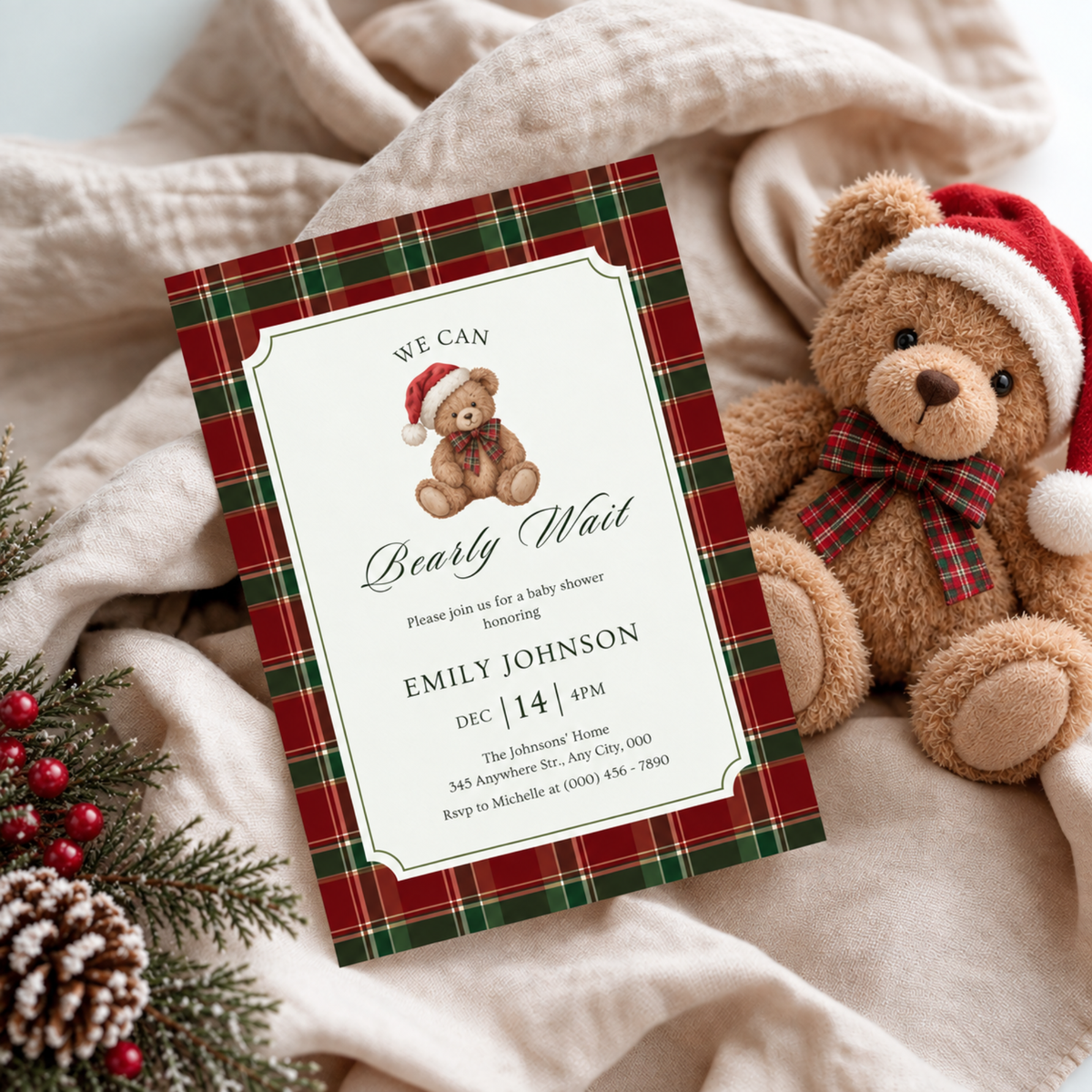 We Can Bearly Wait Christmas baby shower invitation template – preview 8