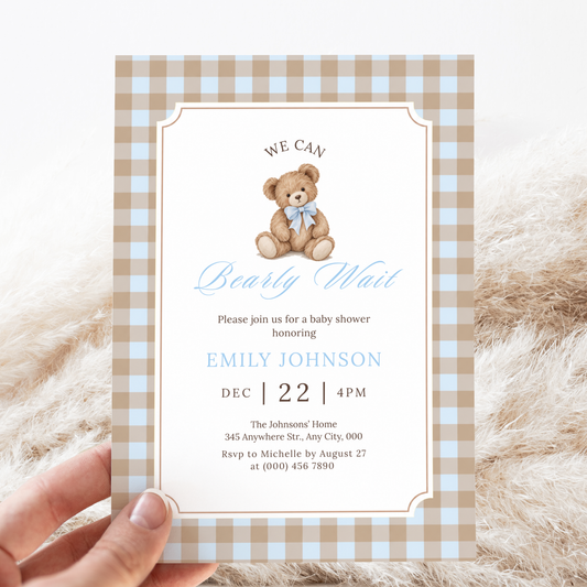 We Can Bearly Wait blue gingham teddy bear baby shower invitation template