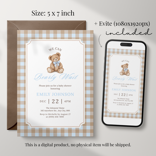 We Can Bearly Wait blue gingham teddy bear baby shower invitation template – preview 2
