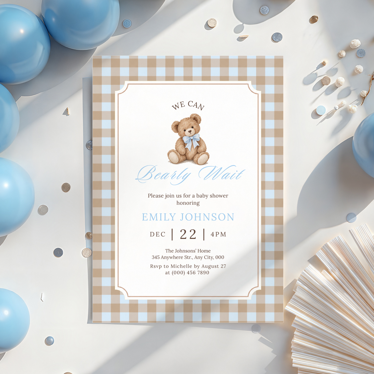 We Can Bearly Wait blue gingham teddy bear baby shower invitation template – preview 3
