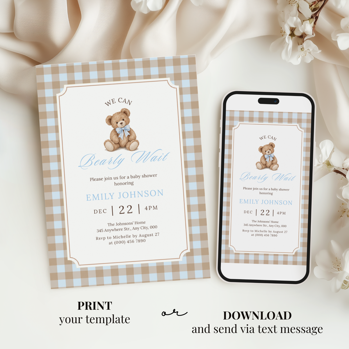 We Can Bearly Wait blue gingham teddy bear baby shower invitation template – preview 5