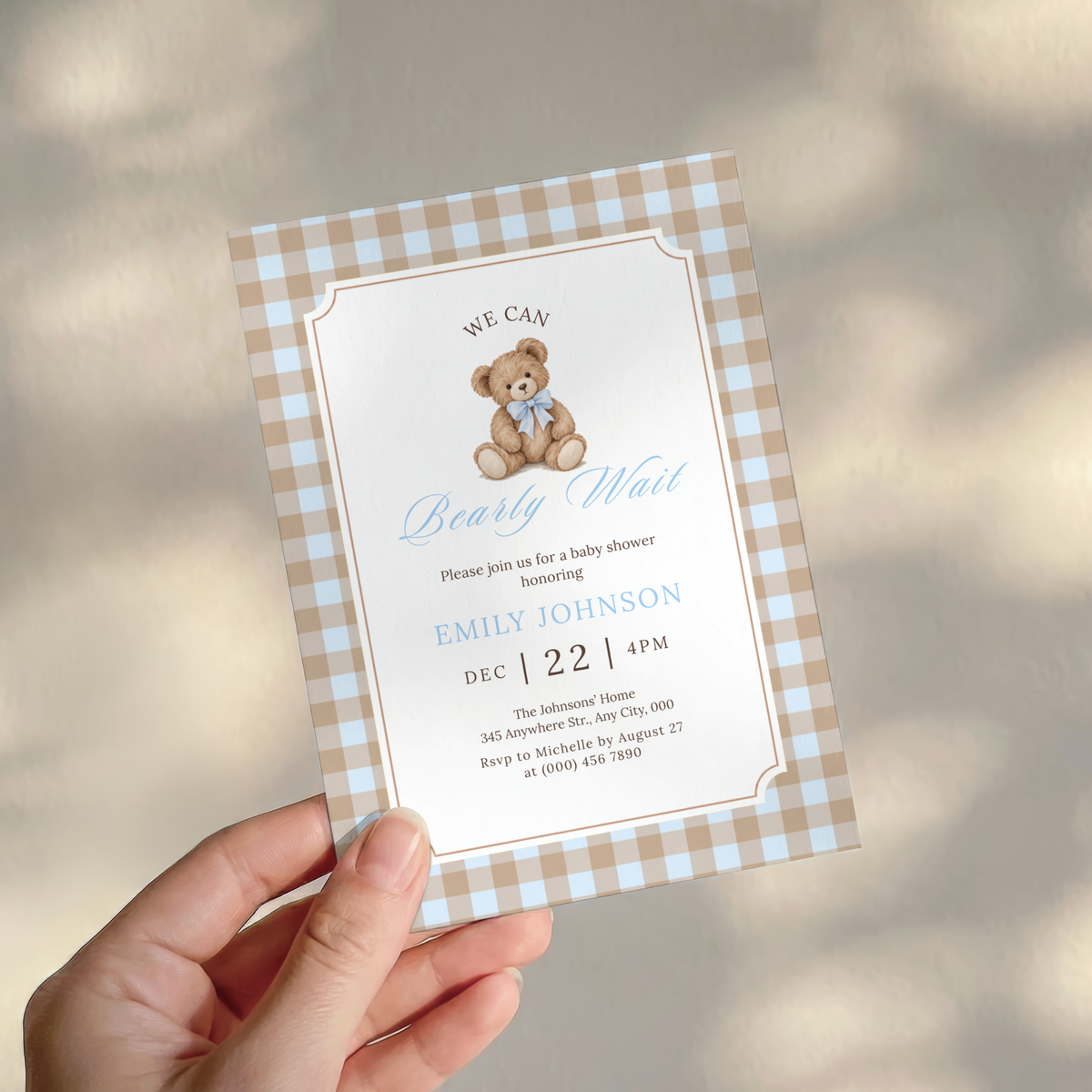 We Can Bearly Wait blue gingham teddy bear baby shower invitation template – preview 10