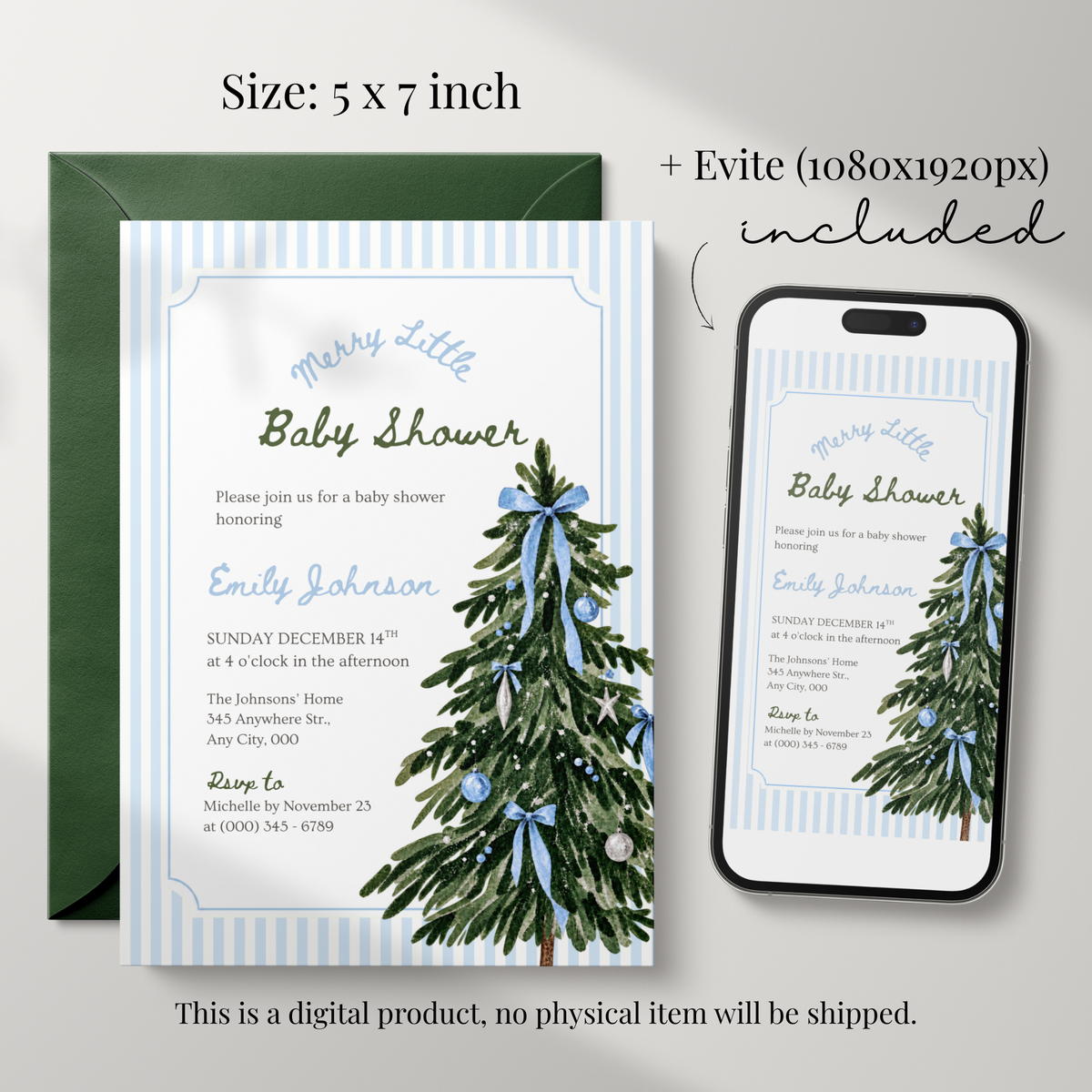 Merry Little Baby blue Christmas baby shower invitation template – preview 2