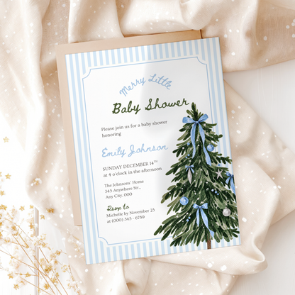 Merry Little Baby blue Christmas baby shower invitation template – preview 3