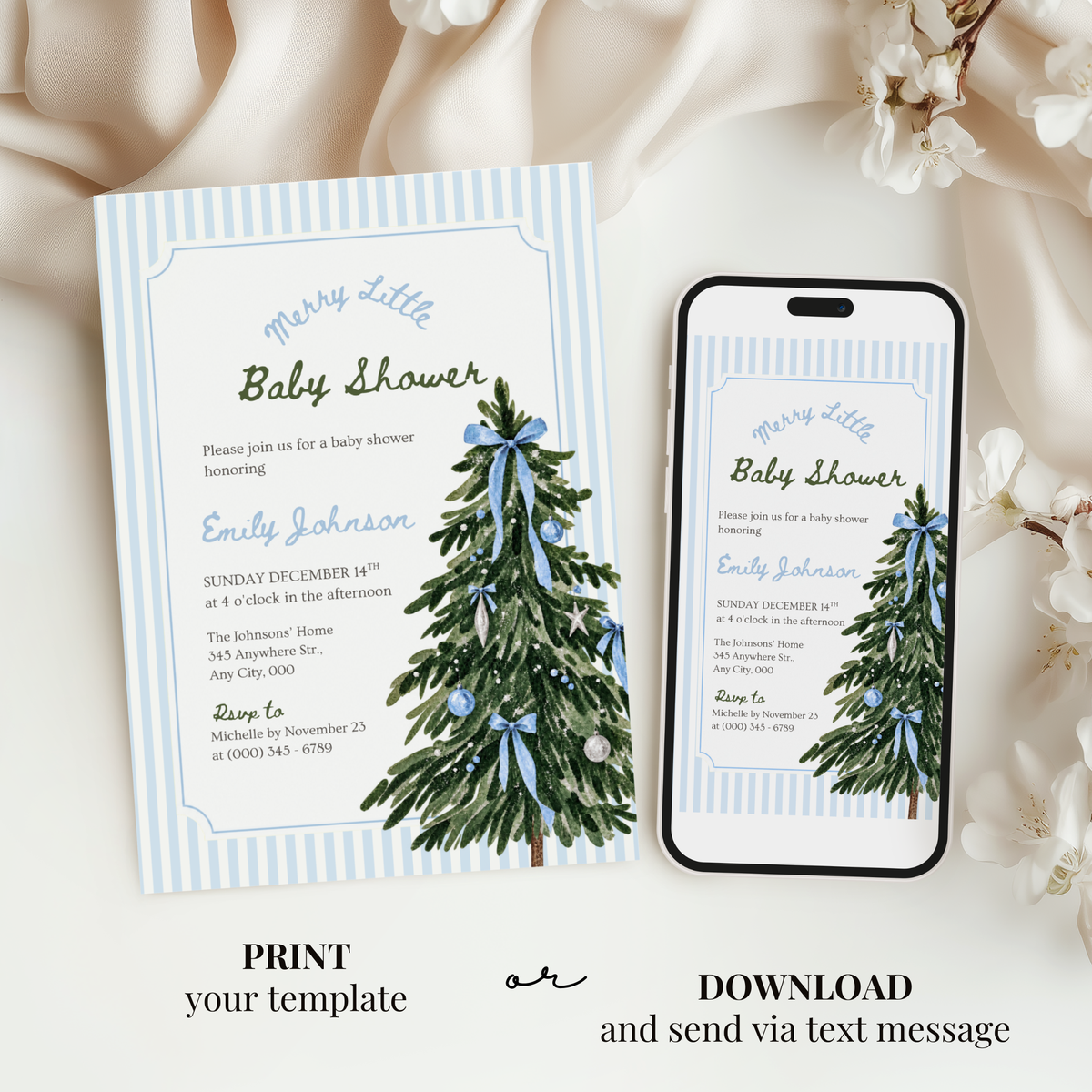 Merry Little Baby blue Christmas baby shower invitation template – preview 5