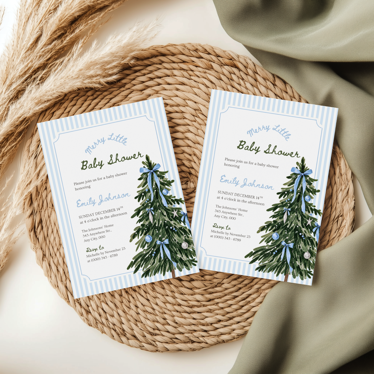 Merry Little Baby blue Christmas baby shower invitation template – preview 6
