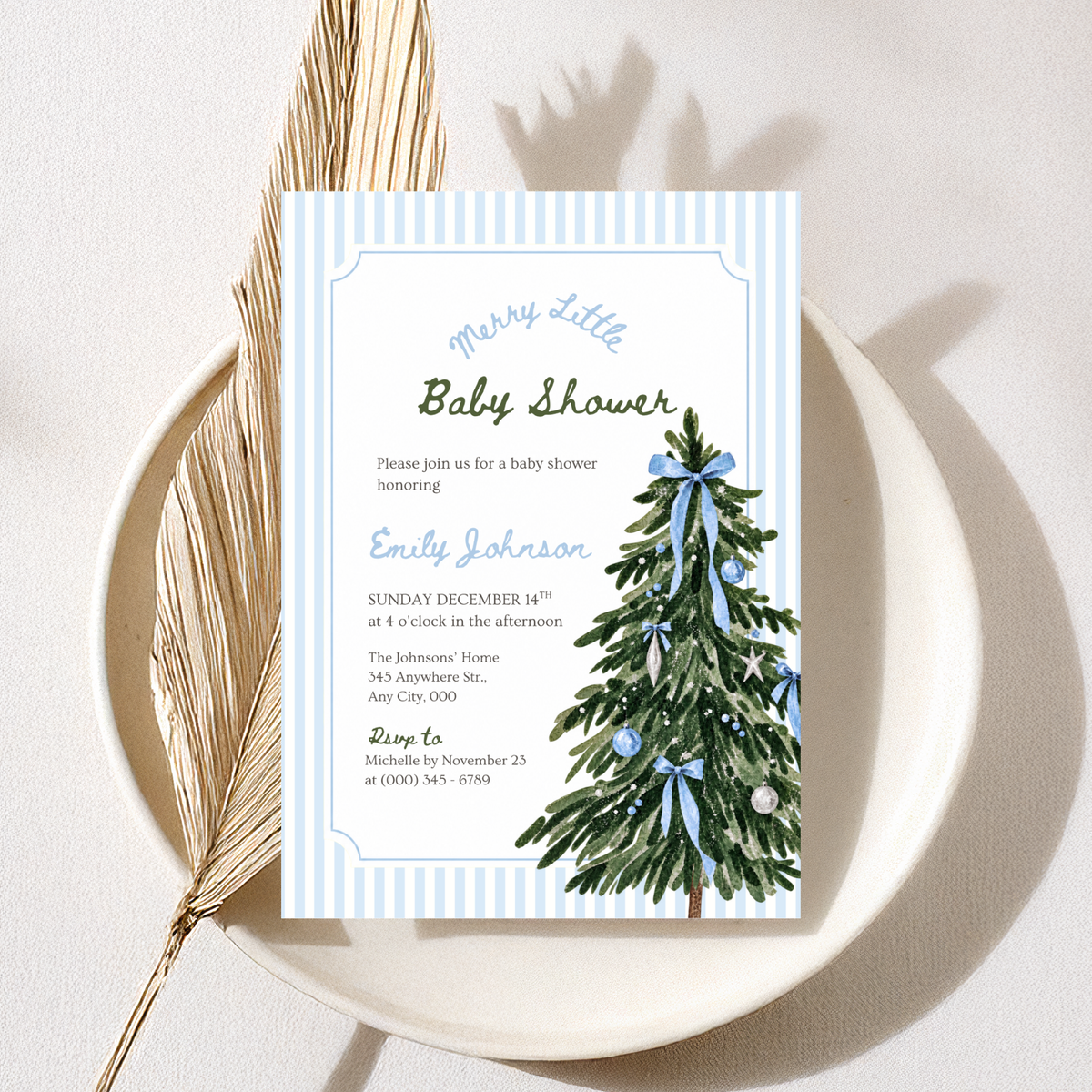 Merry Little Baby blue Christmas baby shower invitation template – preview 8