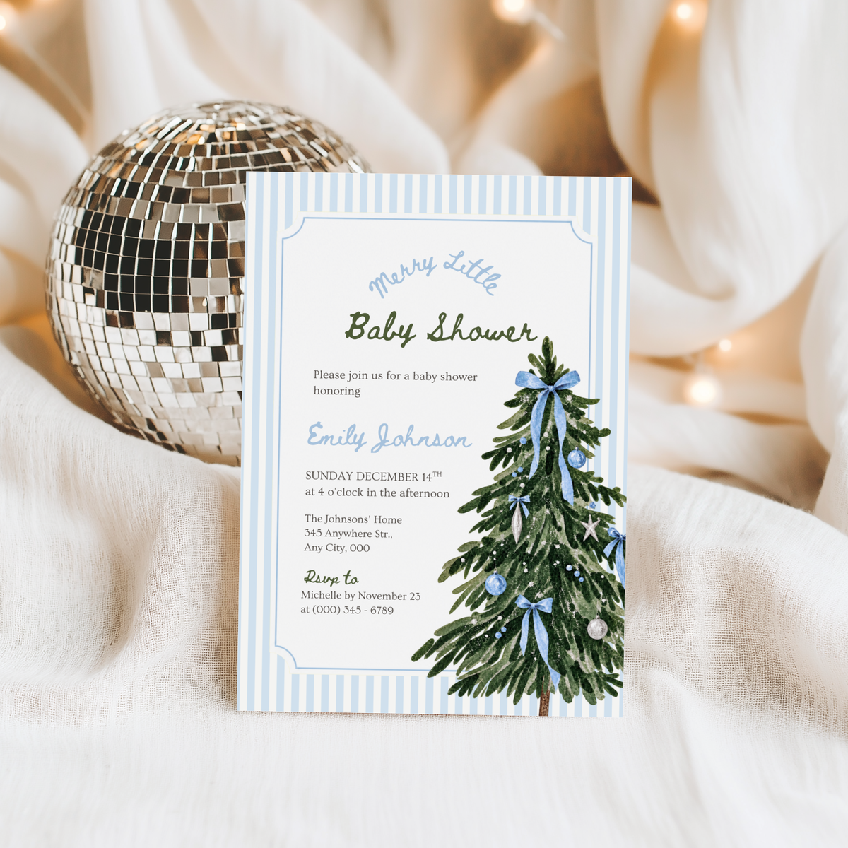 Merry Little Baby blue Christmas baby shower invitation template – preview 9