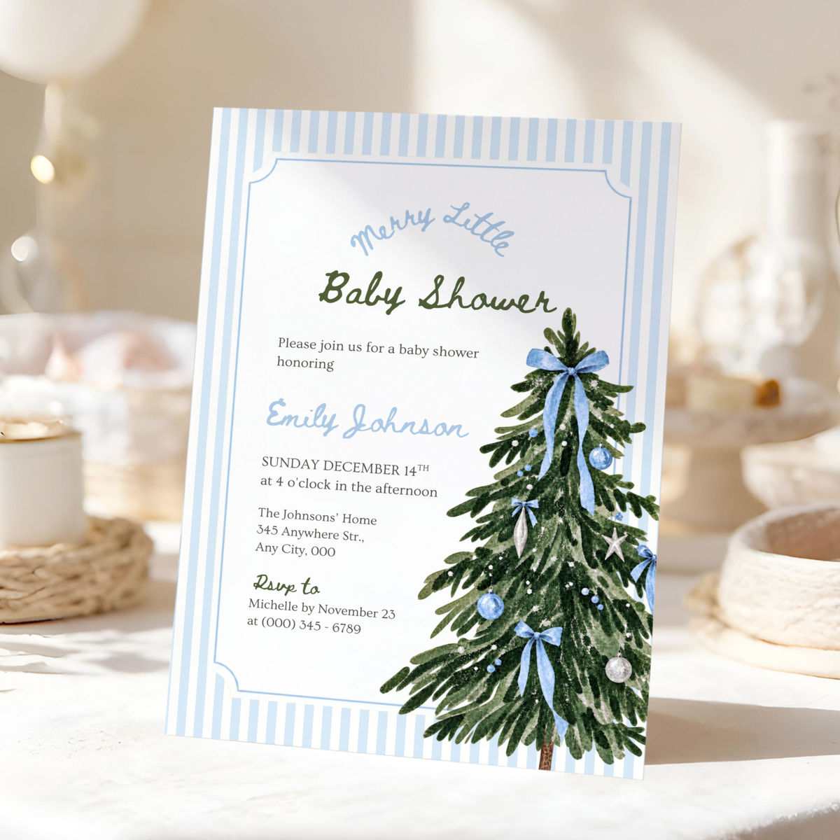 Merry Little Baby blue Christmas baby shower invitation template – preview 10