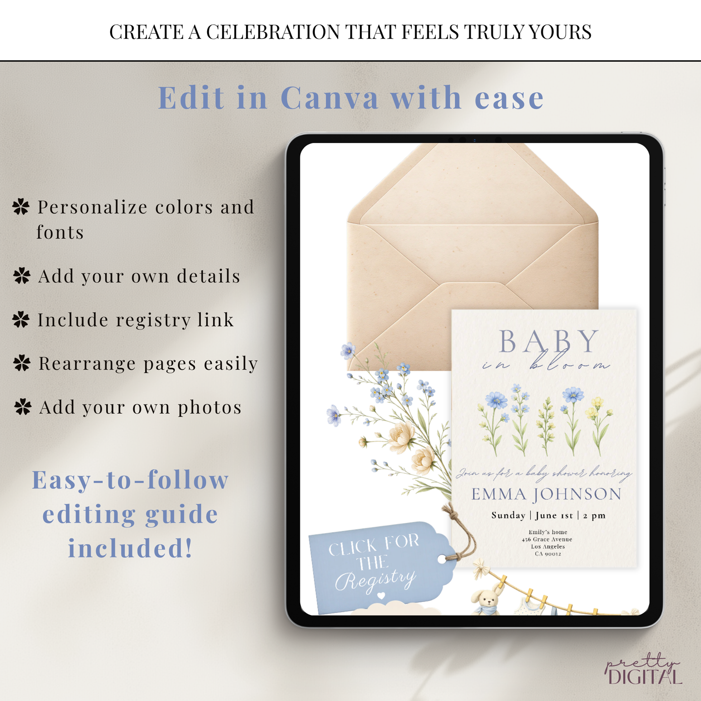 Wildflower Baby in Bloom Baby Shower Invitation Boy - Digital Invite