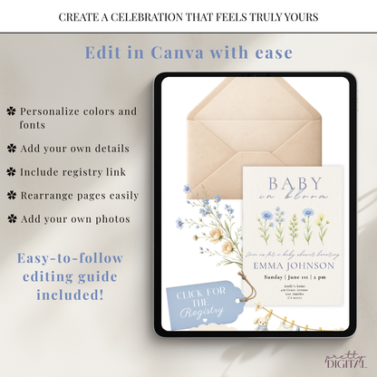 Wildflower Baby in Bloom Baby Shower Invitation Boy - Digital Invite