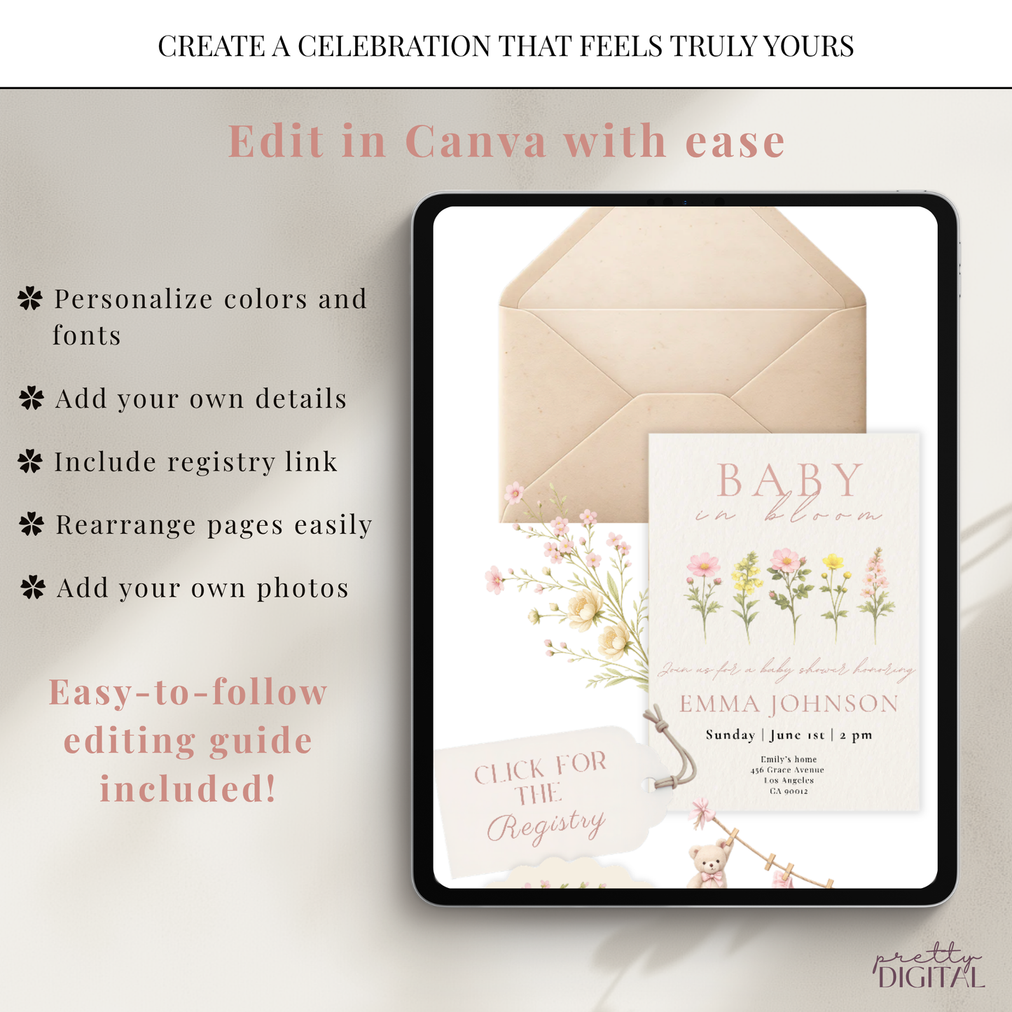 Wildflower Baby in Bloom Baby Shower Invitation Girl - Digital Invite