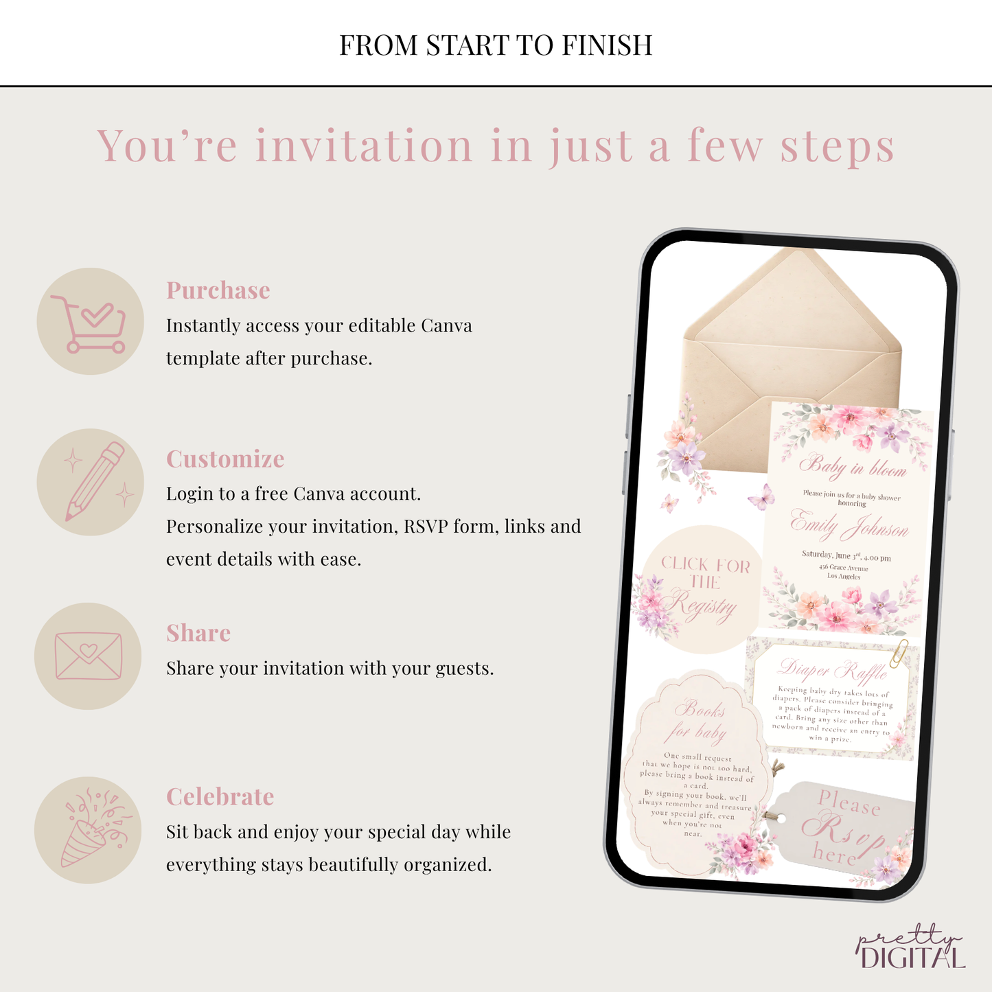 Pink Baby in Bloom Baby Shower Invitation - Digital Invite
