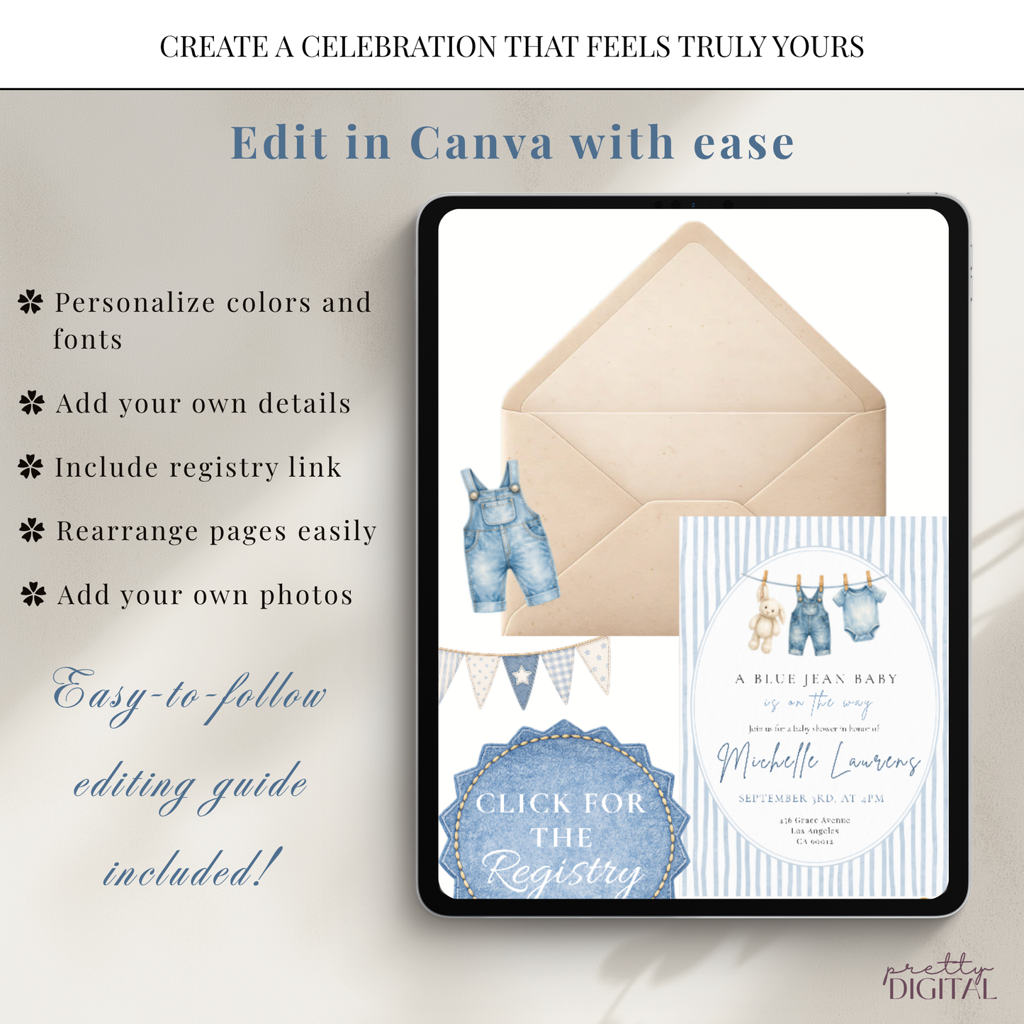 Blue Jean Baby Shower Invitation - Striped Digital Invite